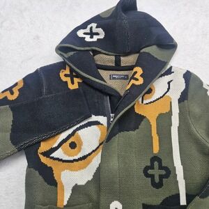 Roku Studio Streetwear Knit Full Zip Hooded Sweater Eye Cross Graphic Green Sm